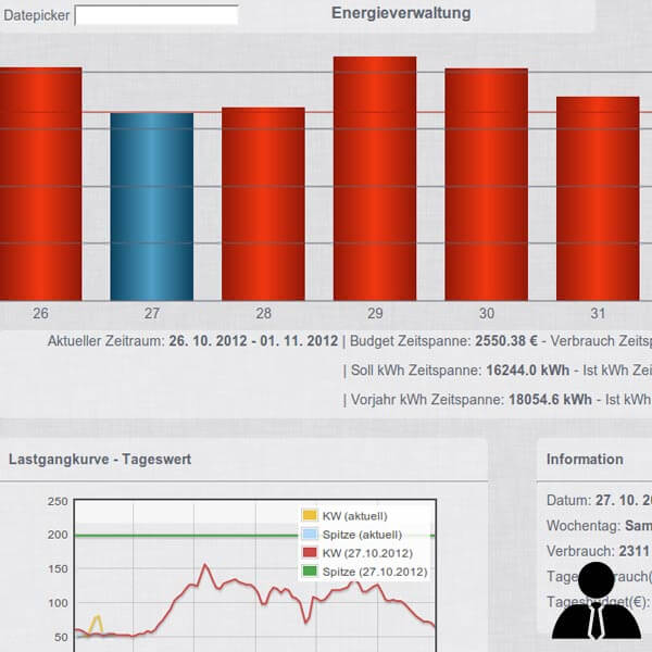 Auswertung Energieverbräuche und Budgets in kwh, € Tageslastgängen